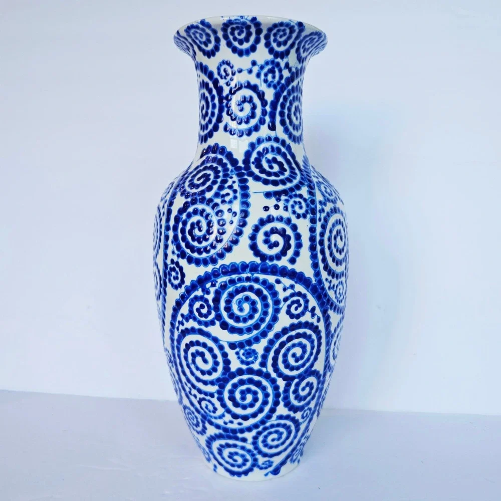 Vintage Blue and White Swirl Hand Painted Ceramic Vase 12.5